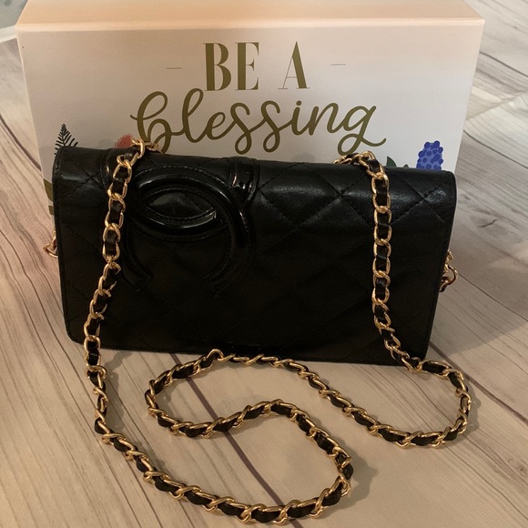 Authentic CHANEL lamb skin cambon line CC logo long wallet crossbody black - Picture 3 of 17